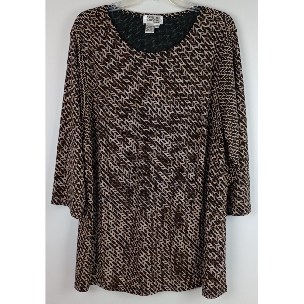 Style & Co Collection Women 3X Black Tan Geometric Herringbone 3/4 Sleeve Blouse